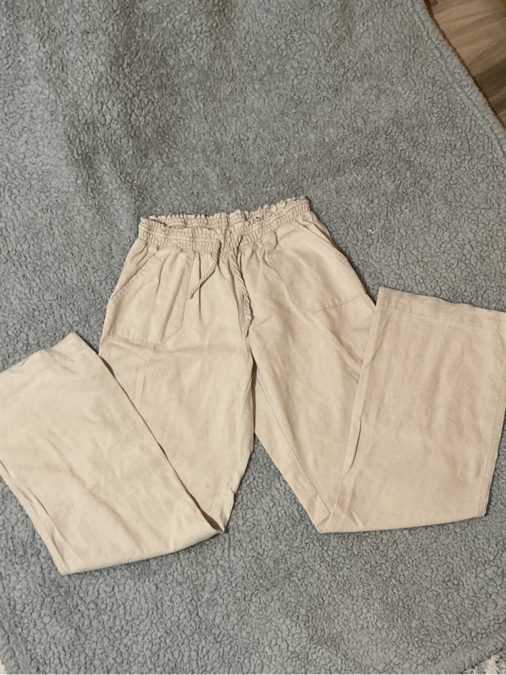 Neutral Beige Drawstring Linen Pants